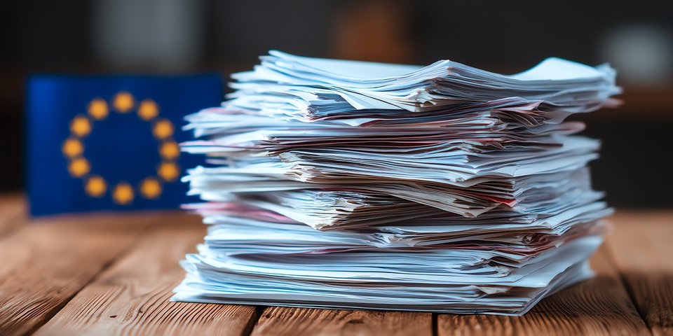 Das Titelbild zeigt einen Stapel Papier. Im Hintergrund ist die Flagge der Europäischen Union zu erkennen.