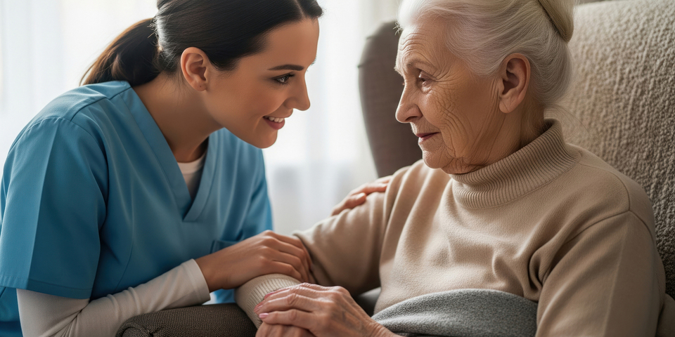 An older woman sits in a wingback armchair, beside a care worker who smiles at her warmly.