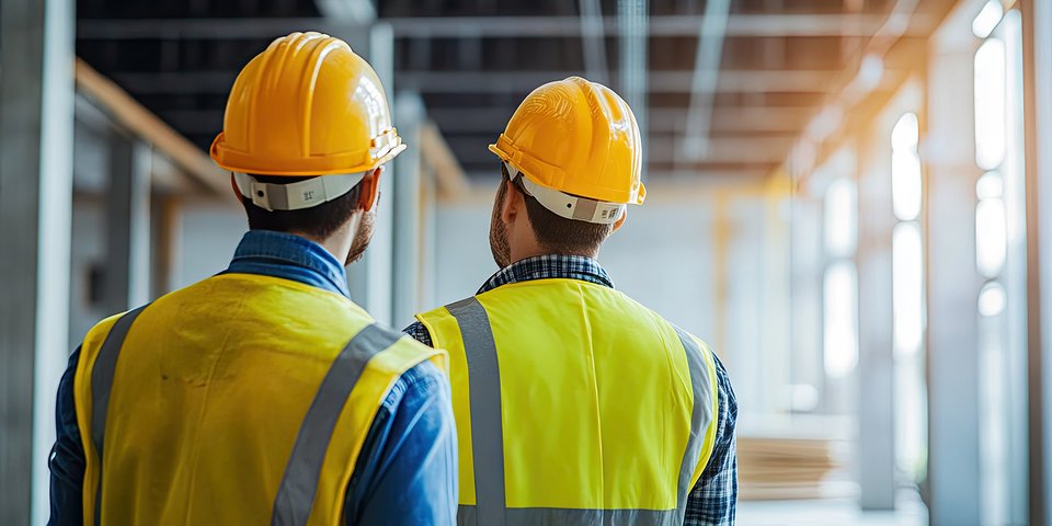 Two workers in hard hats and high-visibility vests walk through a factory or warehouse hall, seen from behind. 