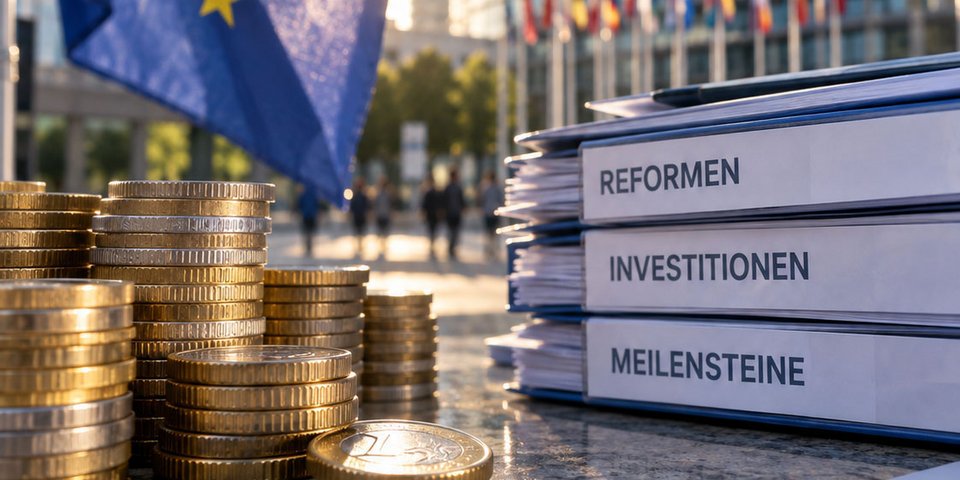 Das Titelbild ist ein Symbolbild zum Mehrjährigen Finanzrahmen 2028 bis 2034. Zu sehen sind Euromünzen und Aktenordner mit den Aufschriften „Reformen“, „Investitionen“ und „Meilensteine“ vor dem Europäischen Parlament und einer EU-Flagge.